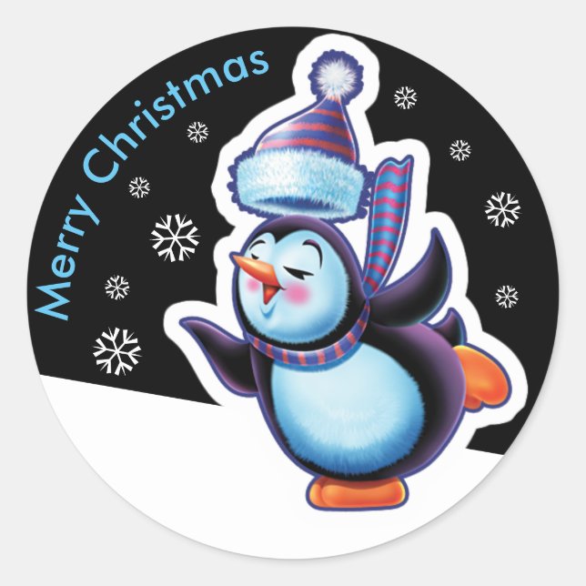 Christmas midnight round sticker Penguin skating. (Front)