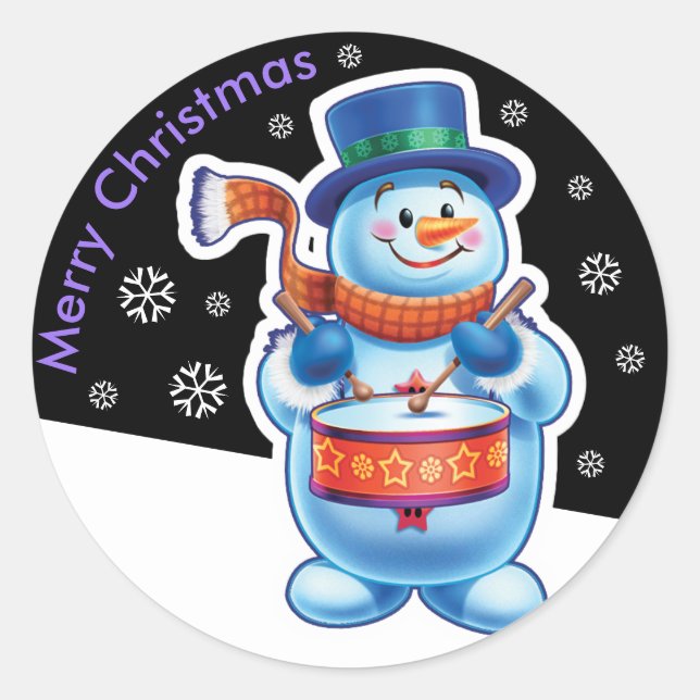 Christmas midnight round sticker Snowman drummer. (Front)