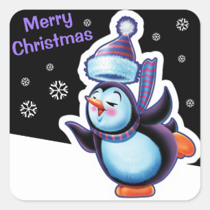 Christmas midnight square sticker Penguin skating.