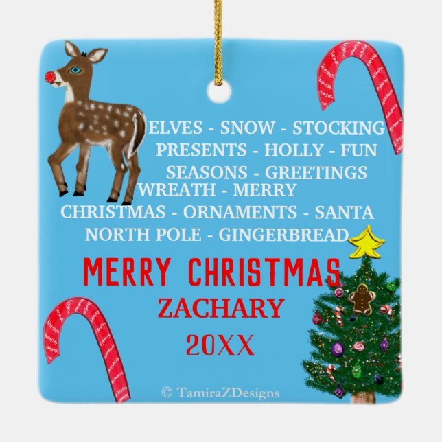 Christmas Mini 15 Word Puzzle Green Blue   Ceramic Ornament (Back)