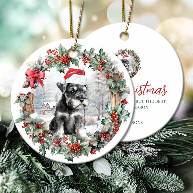 Christmas miniature schnauzer dog puppy Santa hat Ceramic Tree Decoration (Christmas miniature schnauzer dog puppy Santa hat Ceramic Ornament)