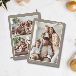 Christmas Minimal 4 Family Photo Collage Taupe Holiday Card