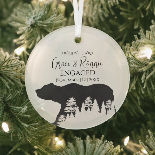 Christmas Minimal Pine Tree Bear Couple Engagement Glass Tree Decoration (Insitu)