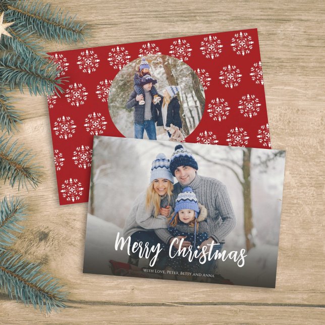 Christmas Minimal Red Simple Script 2 Photo Winter Holiday Card (Creator Uploaded)