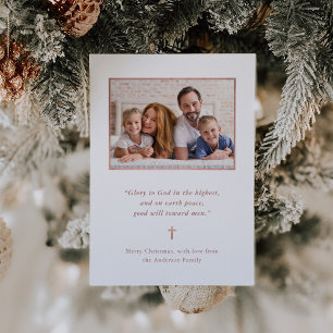 Christmas Minimalism   Rose Gold Cross and Photo Holiday Card