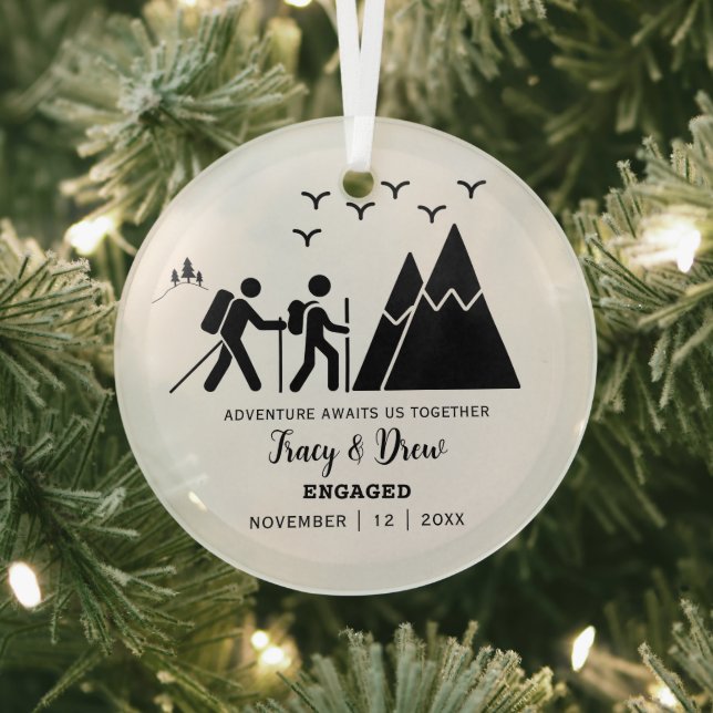 Christmas Minimalist Mountain Hiking Engage Couple Glass Tree Decoration (Insitu)
