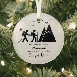 Christmas Minimalist Mountain Hiking MarriedCouple Glass Tree Decoration