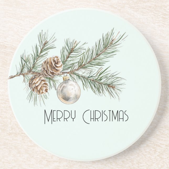 Christmas Mint Pine Cones Branch and Ornament Coaster (Front)