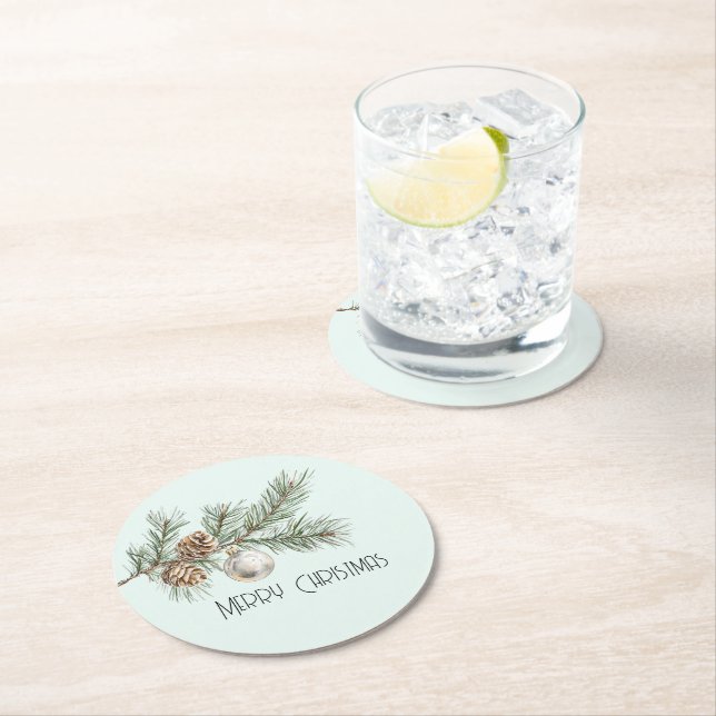 Christmas Mint Pine Cones Branch and Ornament Round Paper Coaster (Insitu)