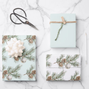 Christmas Mint Pine Cones Branch Ornament Wrapping Paper Sheet