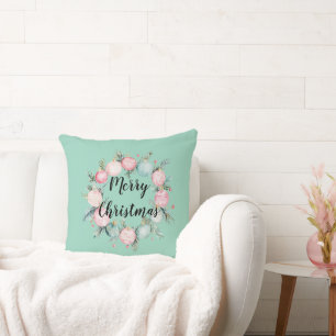 Christmas Mint Pink Ornament Wreath  Cushion