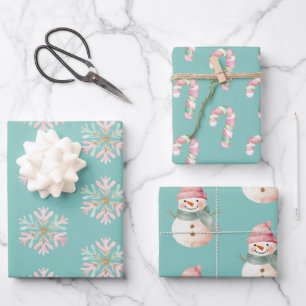 Christmas Mint Pink Snowflakes Candy Canes Snowman Wrapping Paper Sheet