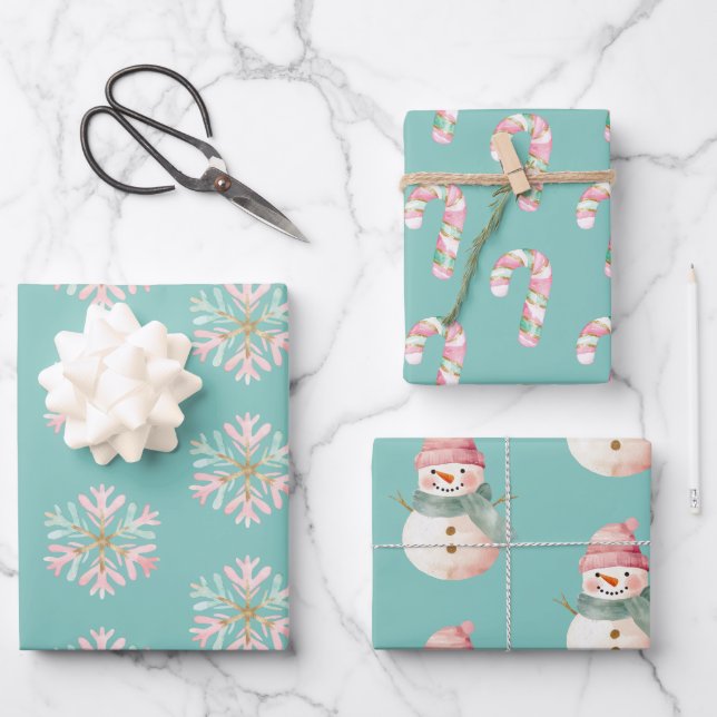 Christmas Mint Pink Snowflakes Candy Canes Snowman Wrapping Paper Sheet (Front)