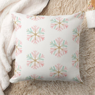 Christmas Mint Pink Snowflakes on White Cushion