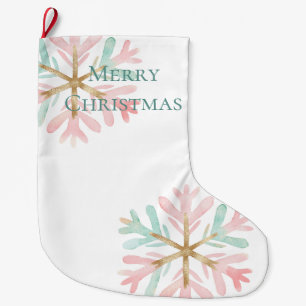 Christmas Mint Pink Snowflakes on White Large Christmas Stocking