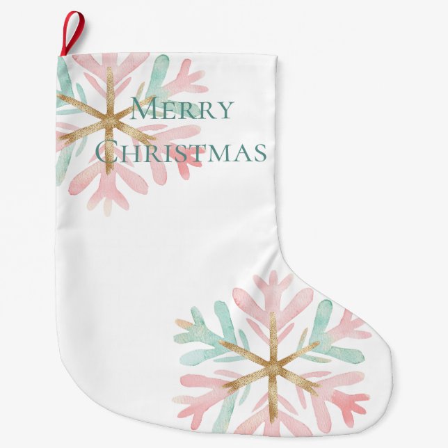 Christmas Mint Pink Snowflakes on White Large Christmas Stocking (Front)