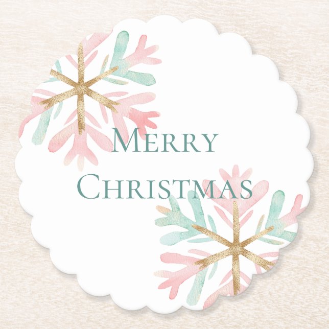 Christmas Mint Pink Snowflakes on White Paper Coaster (Front)