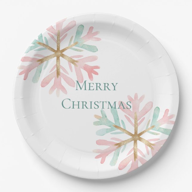 Christmas Mint Pink Snowflakes on White Paper Plate (Front)