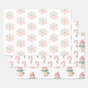 Christmas Mint Pink White Snowflakes Candy Snowman Wrapping Paper Sheet