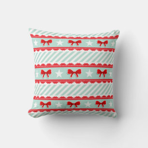 Christmas Mint Stripes Red Bows Stars Pattern Cushion