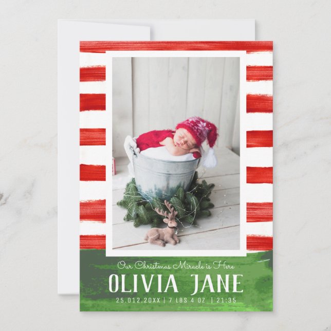 Christmas Miracle 3 Photo Red Green Stripe Birth Announcement (Front)