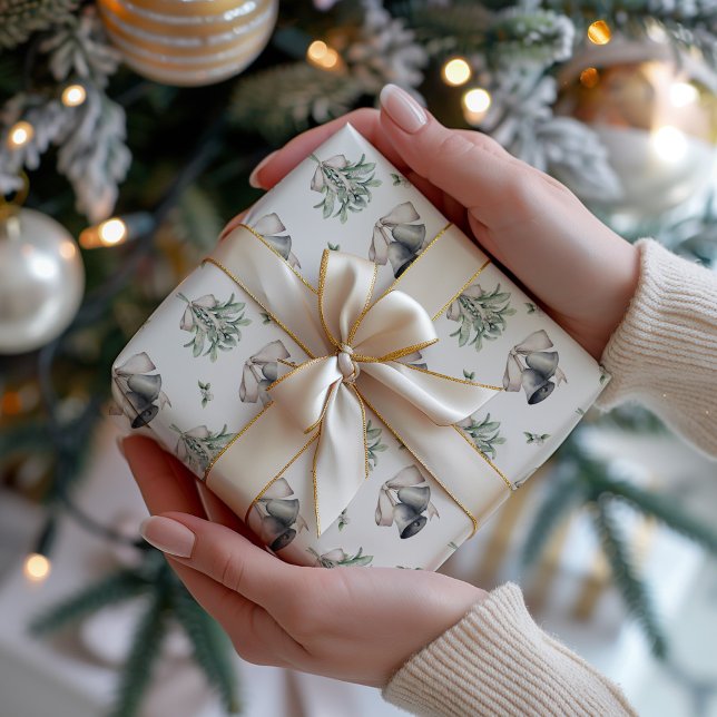 Christmas Mistletoe and Silver Bells Wrapping Paper (Silver Bells and Mistletoe Christmas Wrapping Paper)