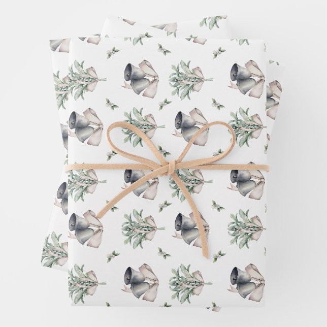 Christmas Mistletoe and Silver Bells Wrapping Paper Sheet (In situ)
