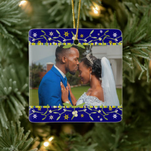 Christmas mistletoe blue photo ornament