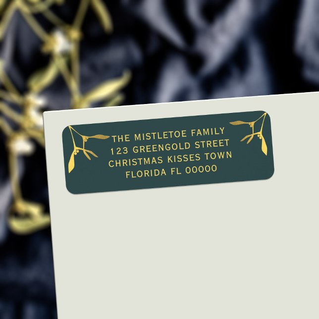 Christmas Mistletoe Green Holiday Return Address (Add your details to these festive green and gold mistletoe return address labels)