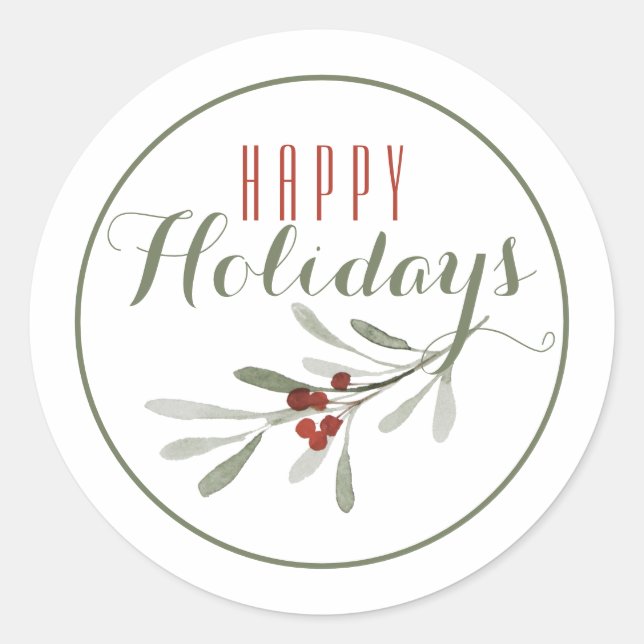 Christmas Mistletoe Happy Holiday / White Classic Round Sticker (Front)