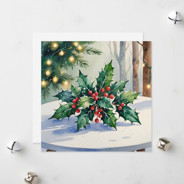 Christmas Mistletoe Happy Holidays Watercolor Card (Front/Back In Situ)