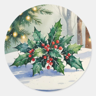 Christmas Mistletoe Holiday Watercolor Classic Round Sticker