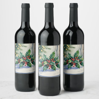 Christmas Mistletoe Holiday Watercolor Wine Label