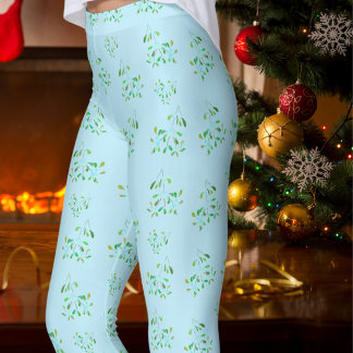 Christmas Mistletoe on Light Blue Leggings