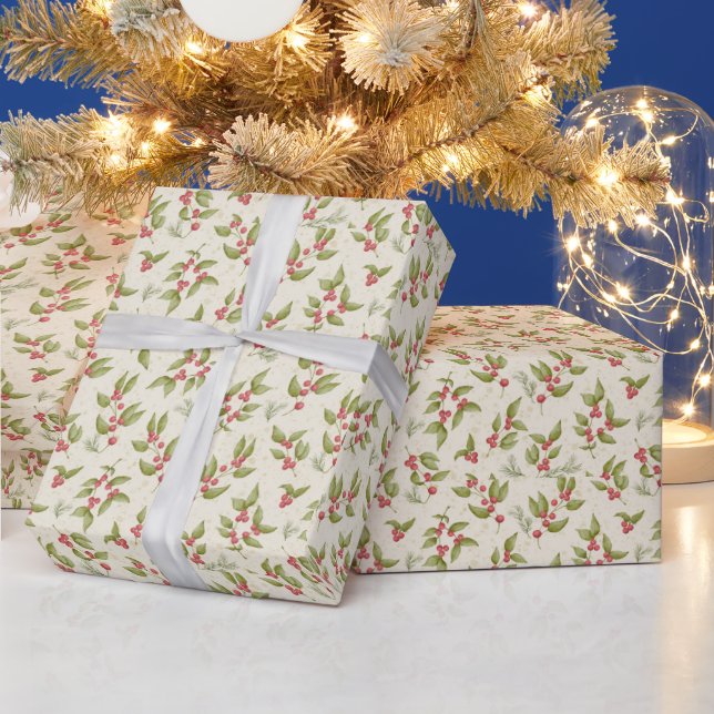 Christmas Mistletoe Patten on Cream Wrapping Paper (Holidays)