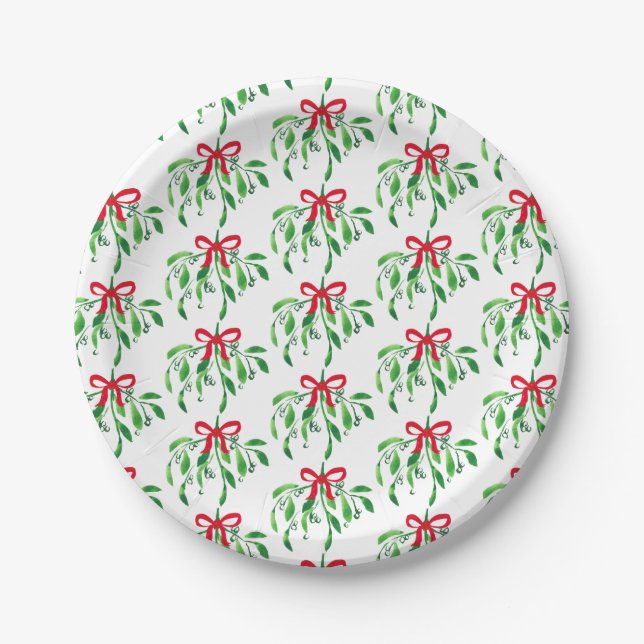 Christmas Mistletoe Pattern Festive Holiday Party Paper Plate (Front)