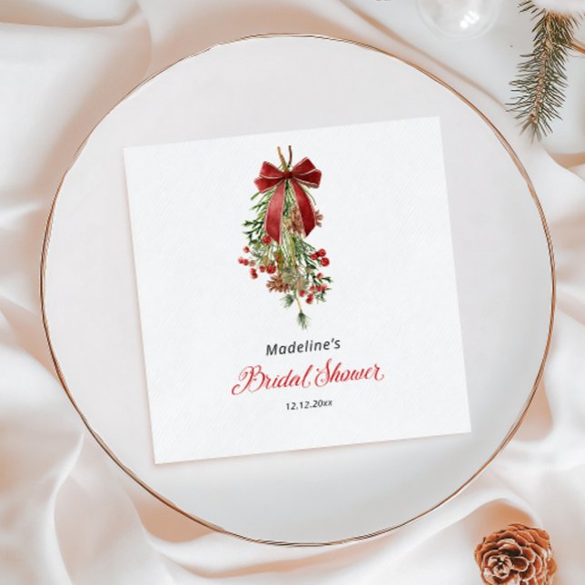 Christmas Mistletoe Red Bow Bridal Shower Napkin (Creator Uploaded)