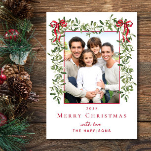 Christmas Mistletoe Red Bow Watercolor Photo Holiday Card
