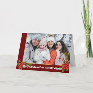 Christmas Mistletoe Red Gold Ribbon Frame Photo Holiday Card