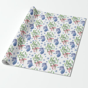 Christmas Mistletoe, Snowflakes, Mittens - White W Wrapping Paper