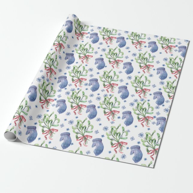 Christmas Mistletoe, Snowflakes, Mittens - White Wrapping Paper (Unrolled)