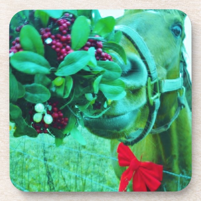 Christmas Mistletoe Teal Horse Coaster (Front)