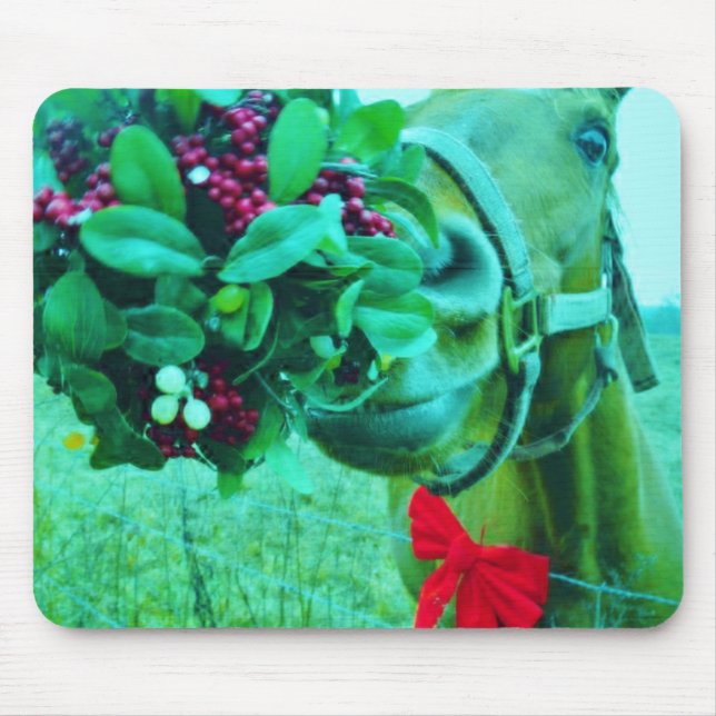 Christmas Mistletoe Teal Horse Mouse Mat (Front)