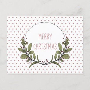 Christmas Mistletoe Wreath Pink Green Holiday Postcard
