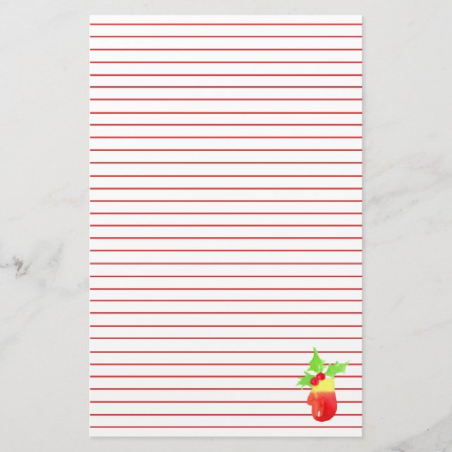 Christmas Mitten Holly Red Lined Stationery (Front)