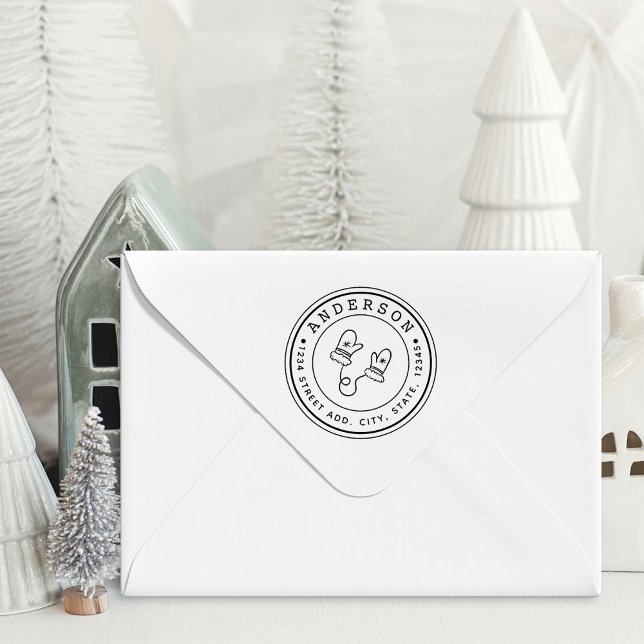 Christmas Mittens Family Name Circular Address Self-inking Stamp (Creator Uploaded)
