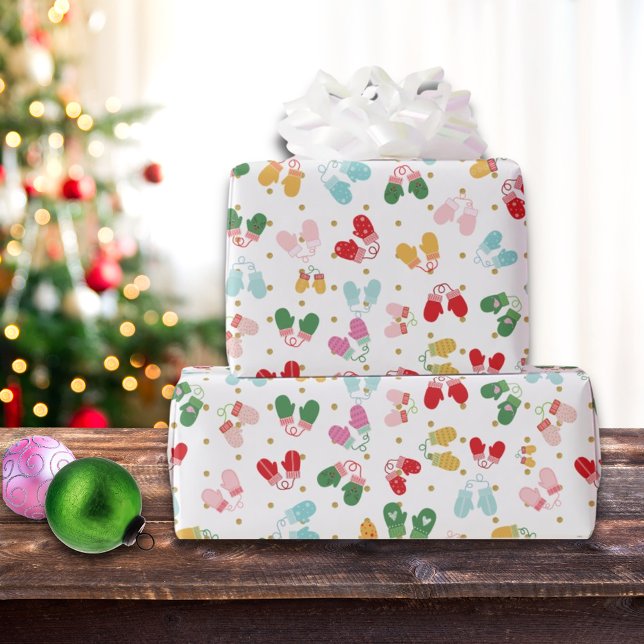 Christmas Mittens Red Green Gold Glitter Pattern Wrapping Paper (Creator Uploaded)