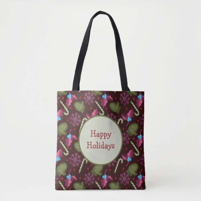 Christmas Mittens, Snowflakes, Peppermint Sticks Tote Bag (Front)