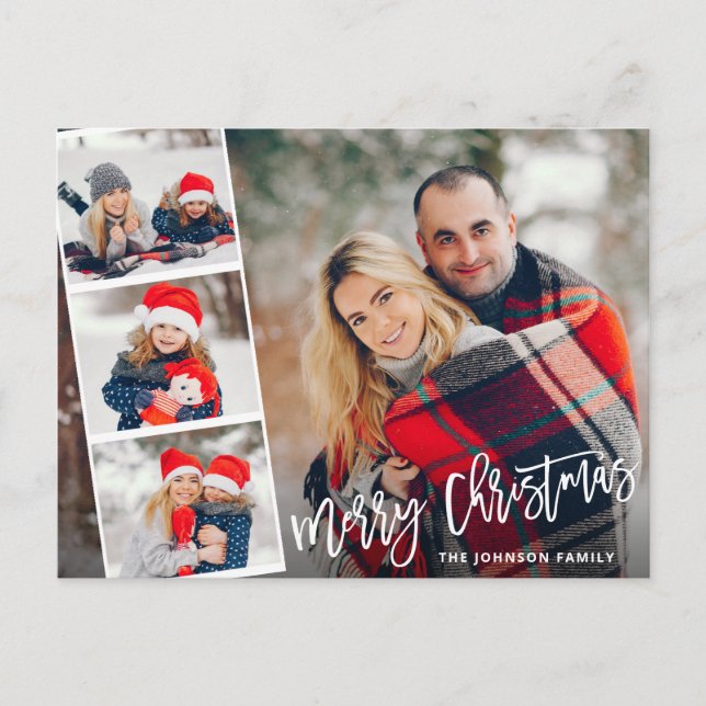 Christmas Modern Brush Script 4 PHOTO Greeting Postcard (Front)