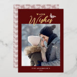 Christmas Modern Calligraphy Photo Red Gold Foil Holiday Card<br><div class="desc">This modern minimal seasonal card offers one photo on a dark red background. The design is accented with gold foil calligraphy and a small graphic of a winter botanical.</div>